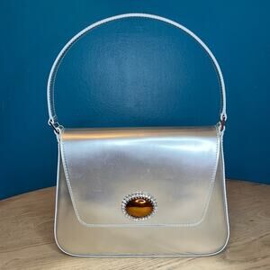 Valentina Rangoni Perfetta Cameo Jewel Shoulder Bag Silver Calfskin Leather